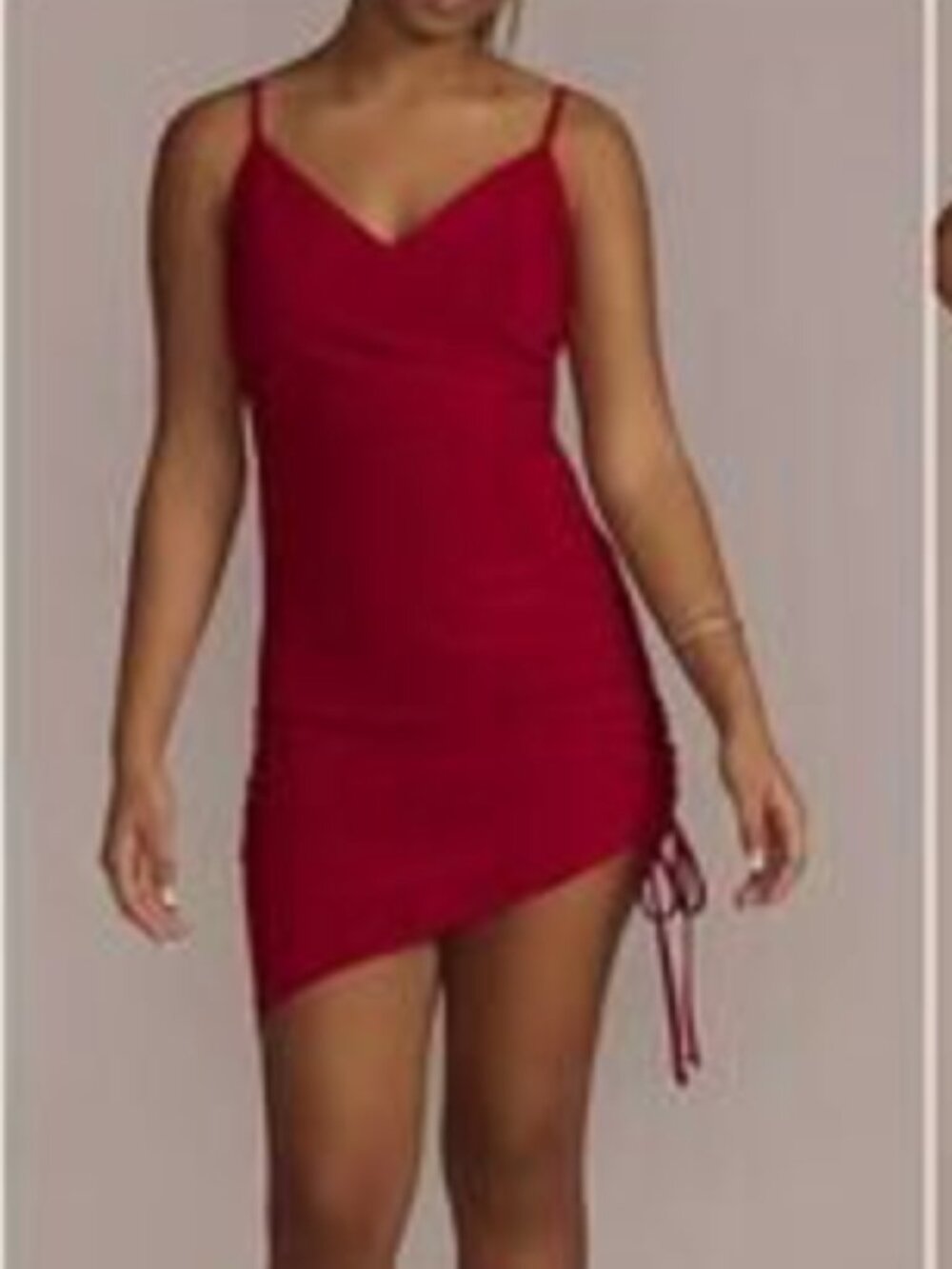 Morgan & Co Ruched Bodycon Asymmetrical Cross-Back Stretch Mini Dress